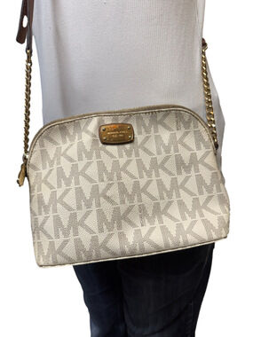 Michael Kors Cream Signature MK Crossbody with Brown Strap and Gold Hardware